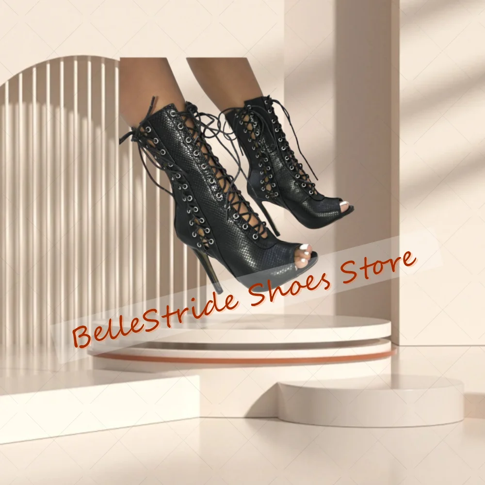 Black Cross Tied Peep Toe Boots Matte Leather Women Shoes Stilettos High Heels Party Banquet Dating 2025 Zapatos Para Mujere 
Black Cross Tied Peep Toe Boots Matte Leather Women Shoes Stilettos High Heels Party Banquet Dating 2025 Zapatos Para Mujere