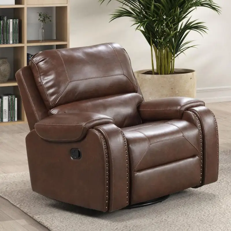 Transitional Style Recliner with Oversized Handle, Nailhead Arms, Top Pillow, Brown Finish for Living Room
Transitional Style Recliner with Oversized Handle, Nailhead Arms, Top Pillow, Brown Finish for Living Room