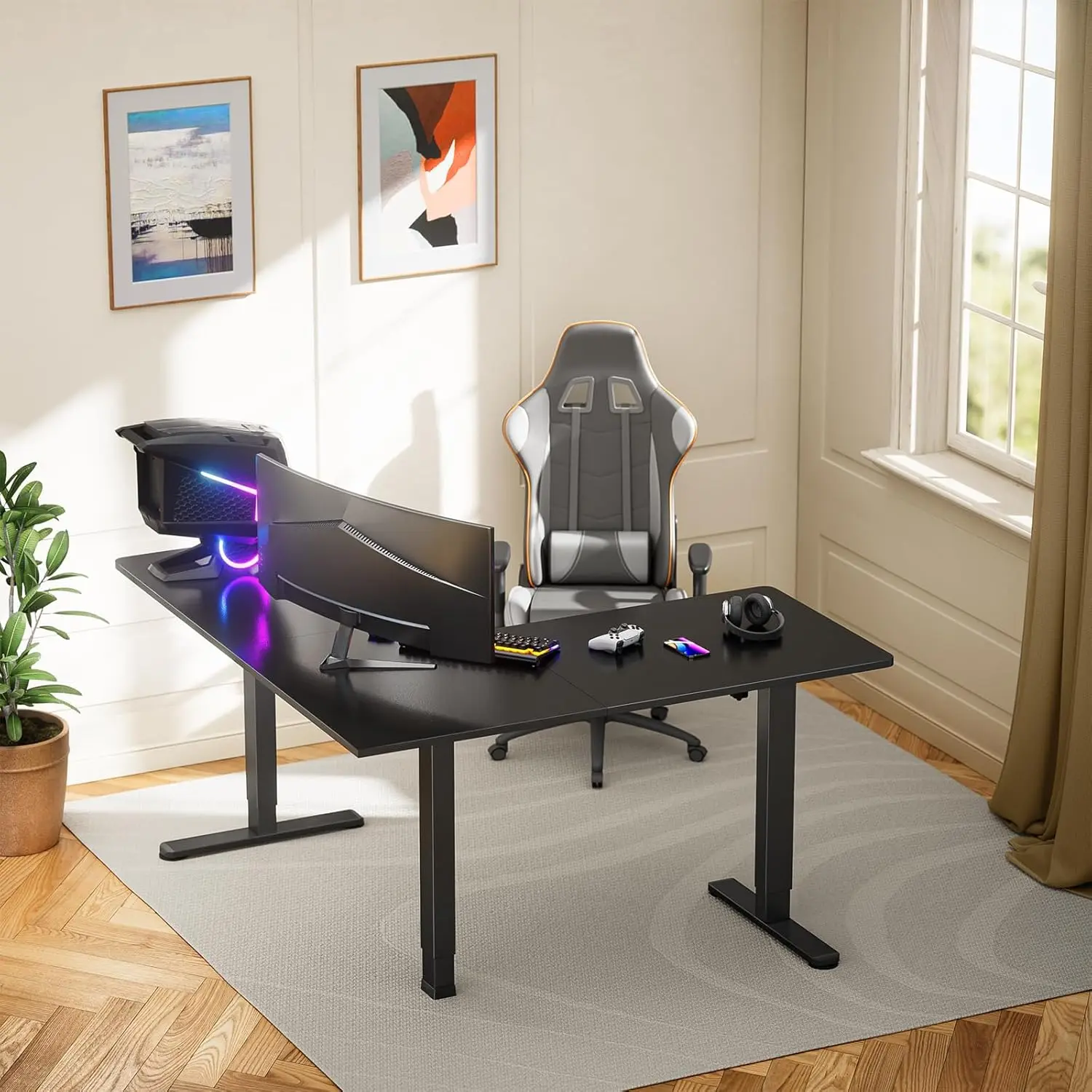 63" x 55" Dual Motor L Shaped Standing Desk, Electric Height Adjustable, Extra Large Desktop, Office Desks.
63" x 55" Dual Motor L Shaped Standing Desk, Electric Height Adjustable, Extra Large Desktop, Office Desks.
