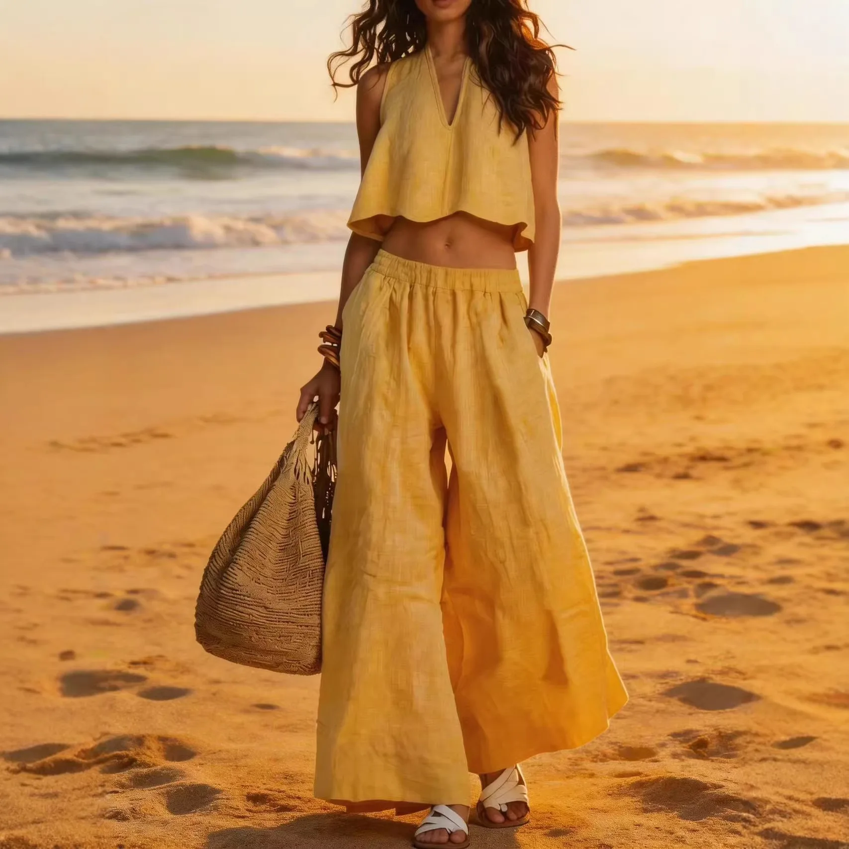 2026 Summer Women's Linen Matching Set Elegant Sleeveless Top Wide Leg Pants Two Piece Set Casual Beach Vacation Linen Outfits
2026 Summer Women's Linen Matching Set Elegant Sleeveless Top Wide Leg Pants Two Piece Set Casual Beach Vacation Linen Outfits