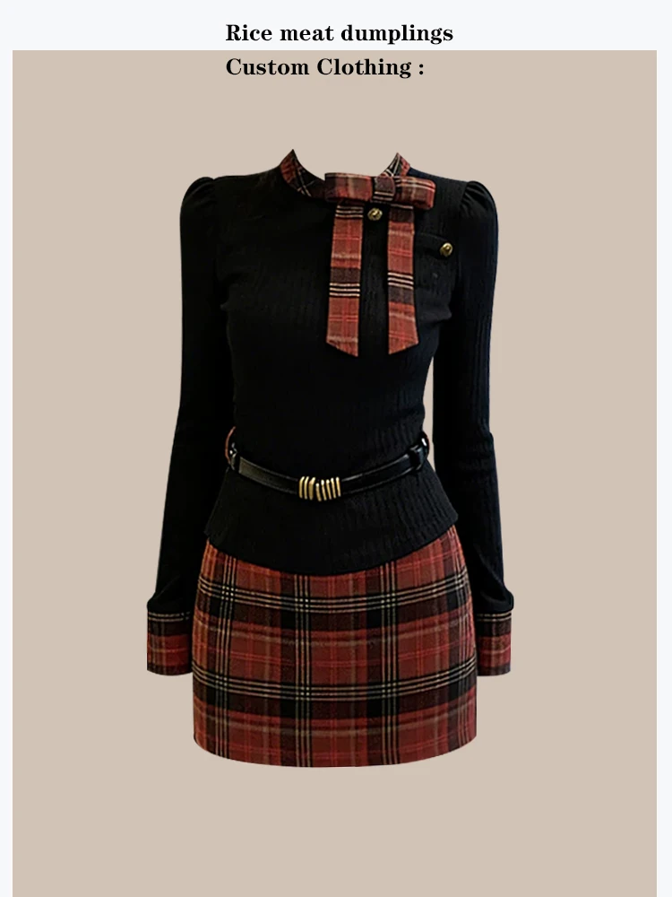 Korean Style Checkered Knot Top And Skirt Set Slimming Half Skirt Fashionable Winter Outfit Women's Ensemble
Korean Style Checkered Knot Top And Skirt Set Slimming Half Skirt Fashionable Winter Outfit Women's Ensemble