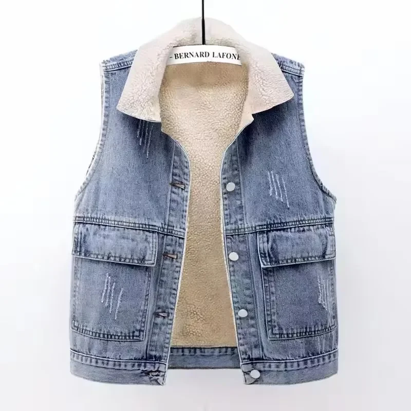Pop Korean Denim Vest Jacket Women Add Velvet Autumn Winter New Loose Lamb Wool Cowboy Sleeveless Big Pocket Waistcoat Female Wa
Pop Korean Denim Vest Jacket Women Add Velvet Autumn Winter New Loose Lamb Wool Cowboy Sleeveless Big Pocket Waistcoat Female Wa