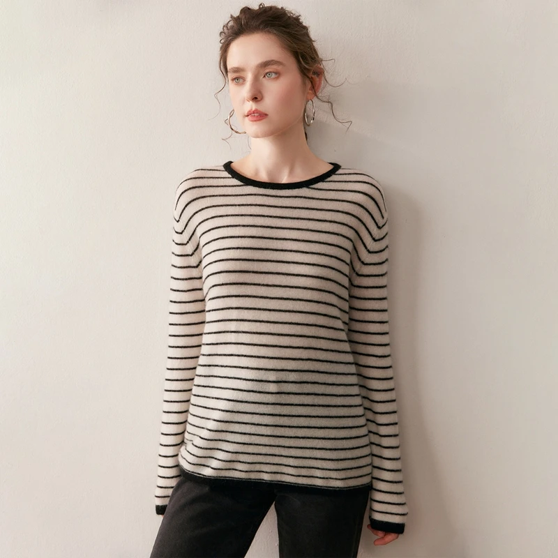 Autumn/Winter New Women's 100% Pure Cashmere Pullover Casual Striped Knitted Sweater Loose Round Neck Tops Warm Jumper Base
Autumn/Winter New Women's 100% Pure Cashmere Pullover Casual Striped Knitted Sweater Loose Round Neck Tops Warm Jumper Base