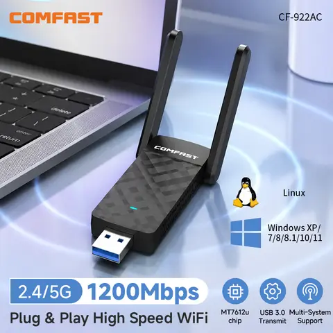COMFAST USB WiFi アダプタ MT7612U 1200Mbps デュアルバンド 5Ghz 2.4Ghz ワイヤレスドングルアンテナ Adaptador レシーバー PC Win10 11 Linux