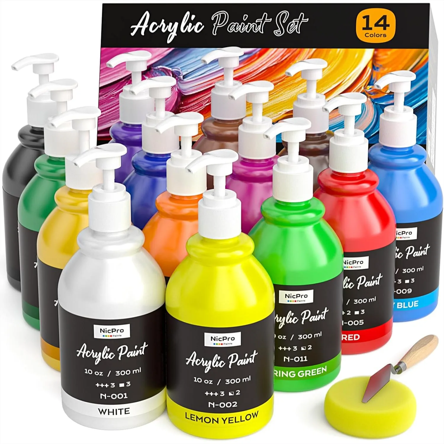 14 Colors Acrylic Paint Set 10oz Each, Large Bulk Art Supplies for Canvas Wood Ceramic with Pump Dispenser
14 Colors Acrylic Paint Set 10oz Each, Large Bulk Art Supplies for Canvas Wood Ceramic with Pump Dispenser