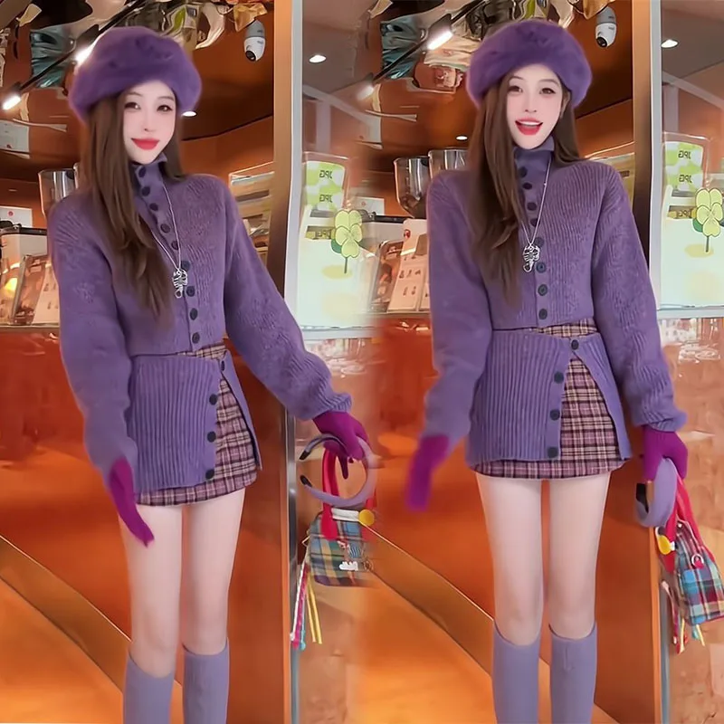 Sweet Style Purple Spring Collection Unique Beautiful Sweater Plaid Skirt Korean Three-Piece Set High Waist Short Length
Sweet Style Purple Spring Collection Unique Beautiful Sweater Plaid Skirt Korean Three-Piece Set High Waist Short Length