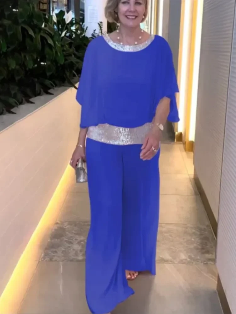 Summer Fashion New Elegant Women's Chiffon Set Round Neck Sequin Colored Bat Shirt Wide Leg Pants Set fall Fashion Two Piece Set 
Summer Fashion New Elegant Women's Chiffon Set Round Neck Sequin Colored Bat Shirt Wide Leg Pants Set fall Fashion Two Piece Set