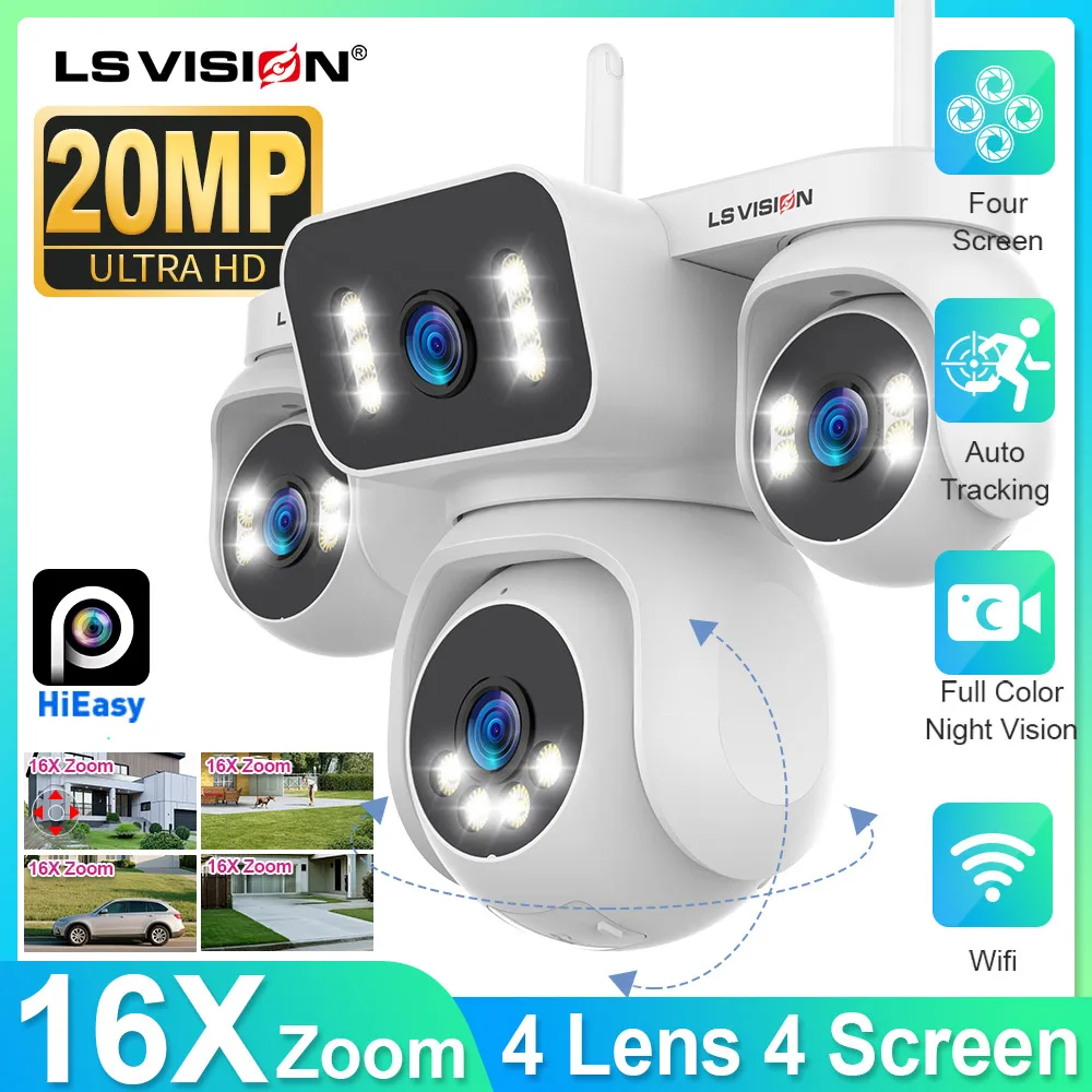 LS VISION 4-объектив 4-экранная Wi-Fi уличная интеллектуальная камера безопасности с панорамированием/наклоном 20-мегапиксельная 16-кратная зум-ночное видение Обнаружение движения и звука
LS VISION 4-объектив 4-экранная Wi-Fi уличная интеллектуальная камера безопасности с панорамированием/наклоном 20-мегапиксельная 16-кратная зум-ночное видение Обнаружение движения и звука
