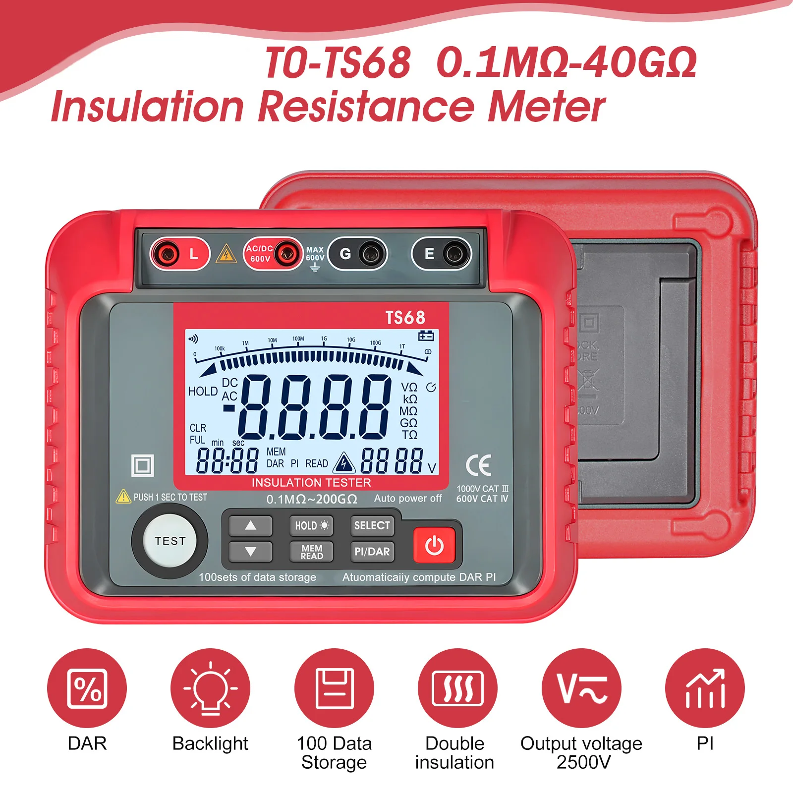 250V-2500V Digital Megohmmeter, Insulation Resistance Tester, Circuit Board Diagnostic Instruments And Tools, Range 0.1MΩ-40GΩ
250V-2500V Digital Megohmmeter, Insulation Resistance Tester, Circuit Board Diagnostic Instruments And Tools, Range 0.1MΩ-40GΩ
