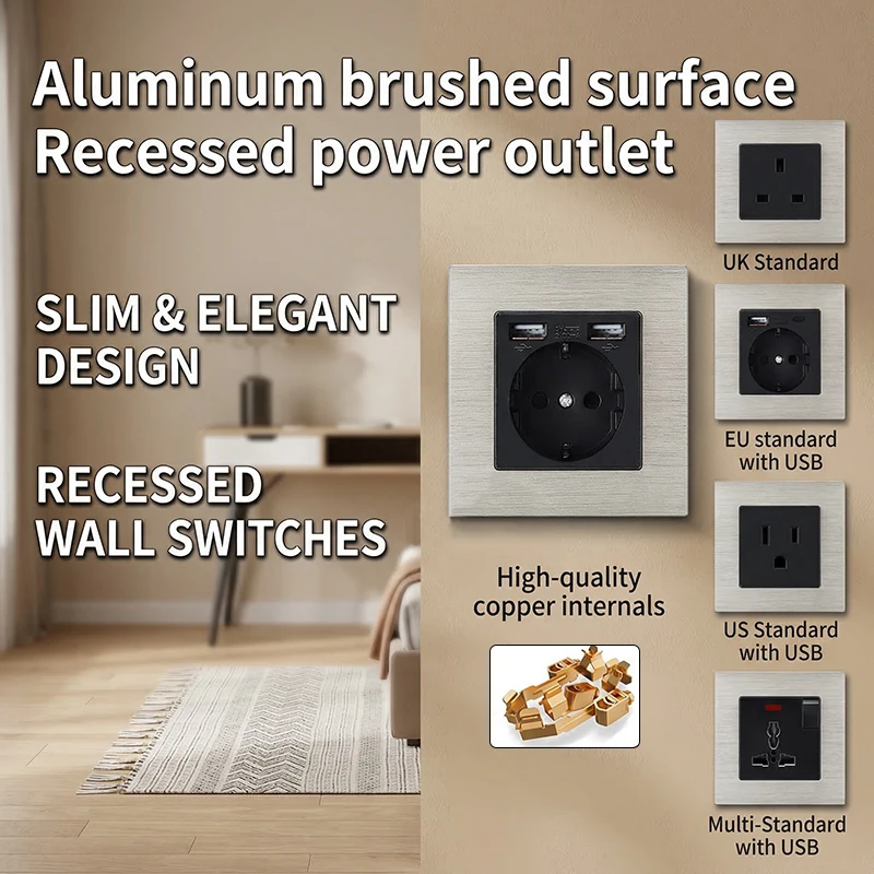 Wallpad Wall light Switch And Socket 1 2 3 Gang 2 Way Silver Stainless Steel Brushed Panel With LED TV RJ45 USB Charge Port
Wallpad Wall light Switch And Socket 1 2 3 Gang 2 Way Silver Stainless Steel Brushed Panel With LED TV RJ45 USB Charge Port
