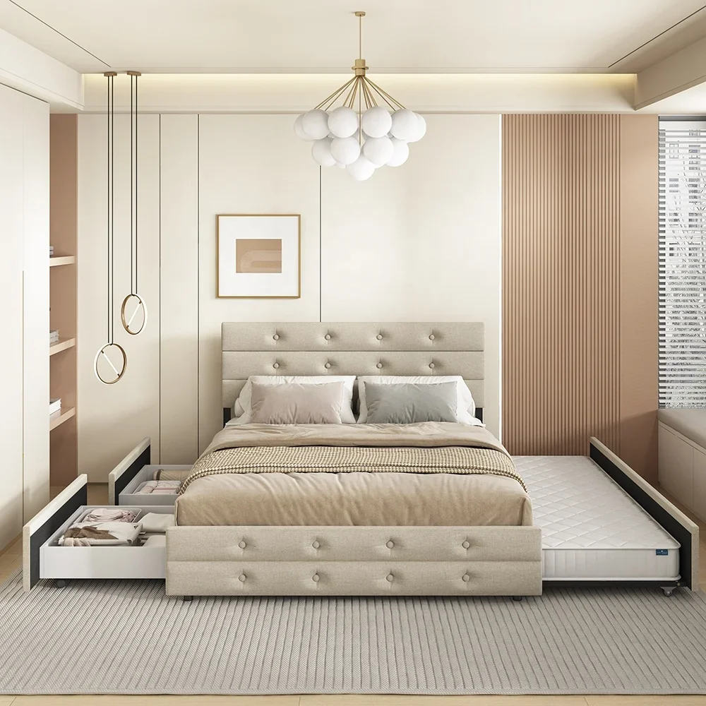 Willsoon Queen Size Bed with Adjustable Storage Drawers and Twin Trundle Wooden Upholstery Modern Design Bedroom Furniture
Willsoon Queen Size Bed with Adjustable Storage Drawers and Twin Trundle Wooden Upholstery Modern Design Bedroom Furniture
