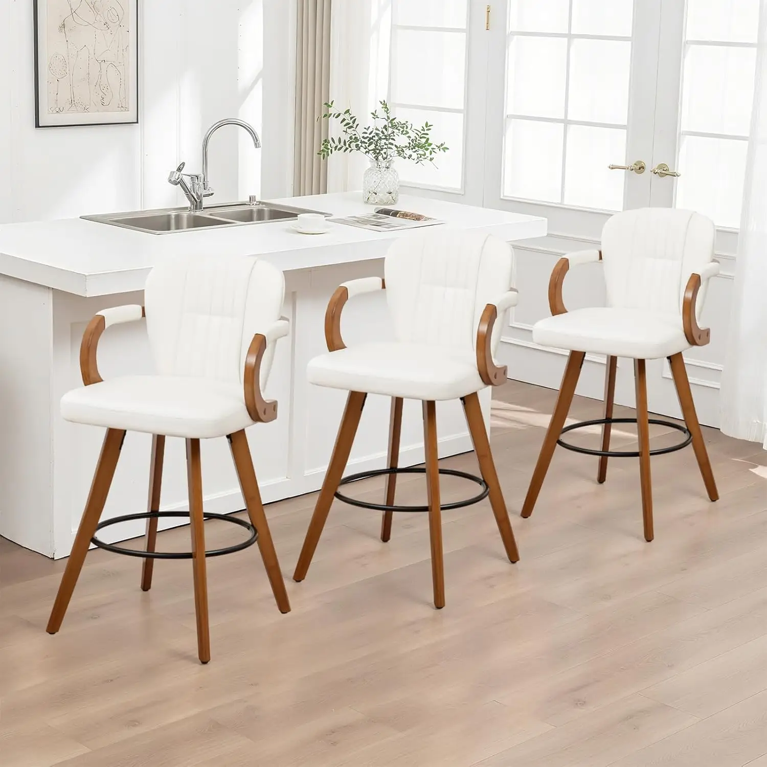 26" Swivel Counter Height Bar Stools with Back White Faux Leather Kitchen Island Chairs Arms Wingback Set of 3, Customized
26" Swivel Counter Height Bar Stools with Back White Faux Leather Kitchen Island Chairs Arms Wingback Set of 3, Customized