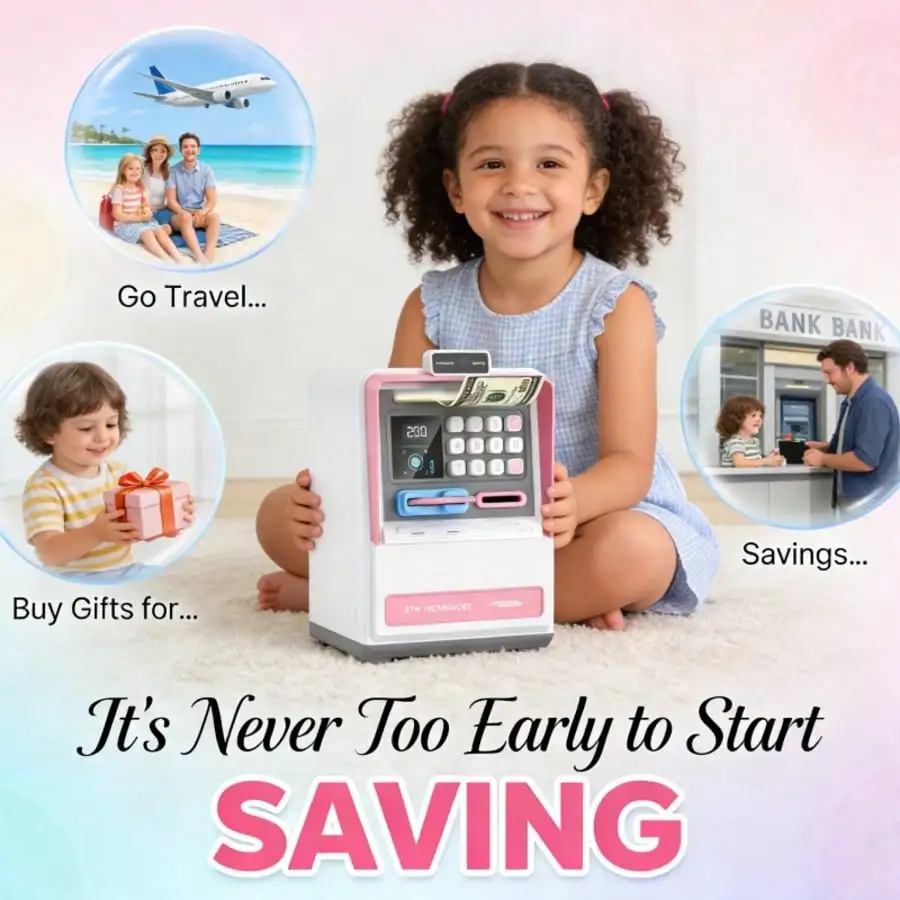 Children's Day Best Gift ATM Piggy Bank: camera, LCD, auto bill reader, PIN lock. Pink/white. Educational money toy for kids. Birthday gift.
Children's Day Best Gift ATM Piggy Bank: camera, LCD, auto bill reader, PIN lock. Pink/white. Educational money toy for kids. Birthday gift.