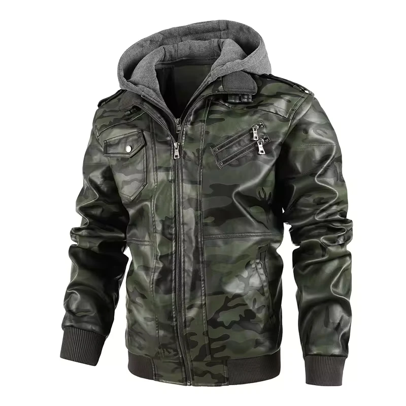 New Winter Camouflage Hooded Motorcycle Leather Large Size Casual Removable Hat Men's PU Leather
New Winter Camouflage Hooded Motorcycle Leather Large Size Casual Removable Hat Men's PU Leather