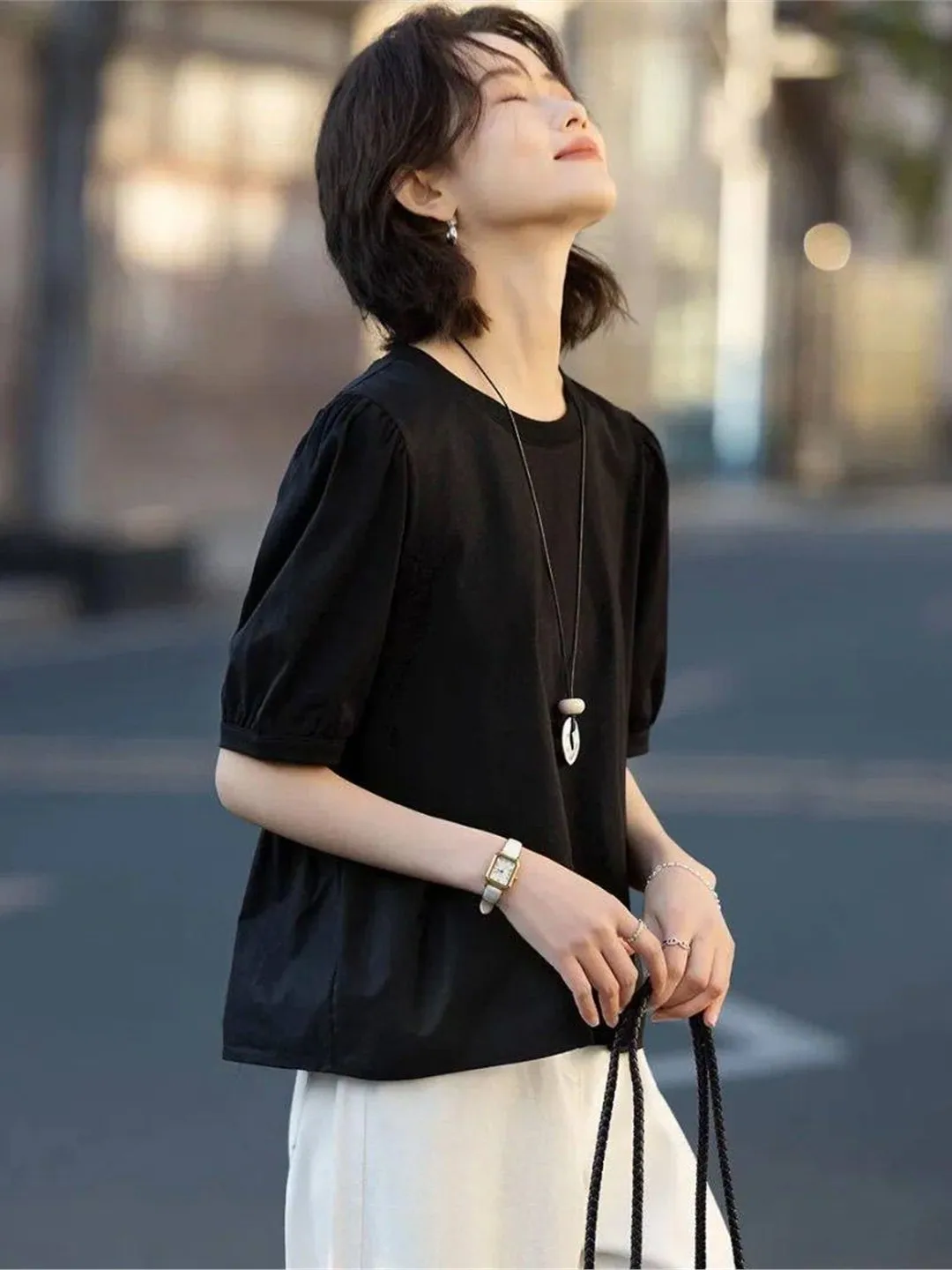 Slimming Effect Summer Casual Style round Neck Bubble Sleeve Loose Fit T-Shirt Women's Premium Feel Cotton Blend Short Sleeve
Slimming Effect Summer Casual Style round Neck Bubble Sleeve Loose Fit T-Shirt Women's Premium Feel Cotton Blend Short Sleeve