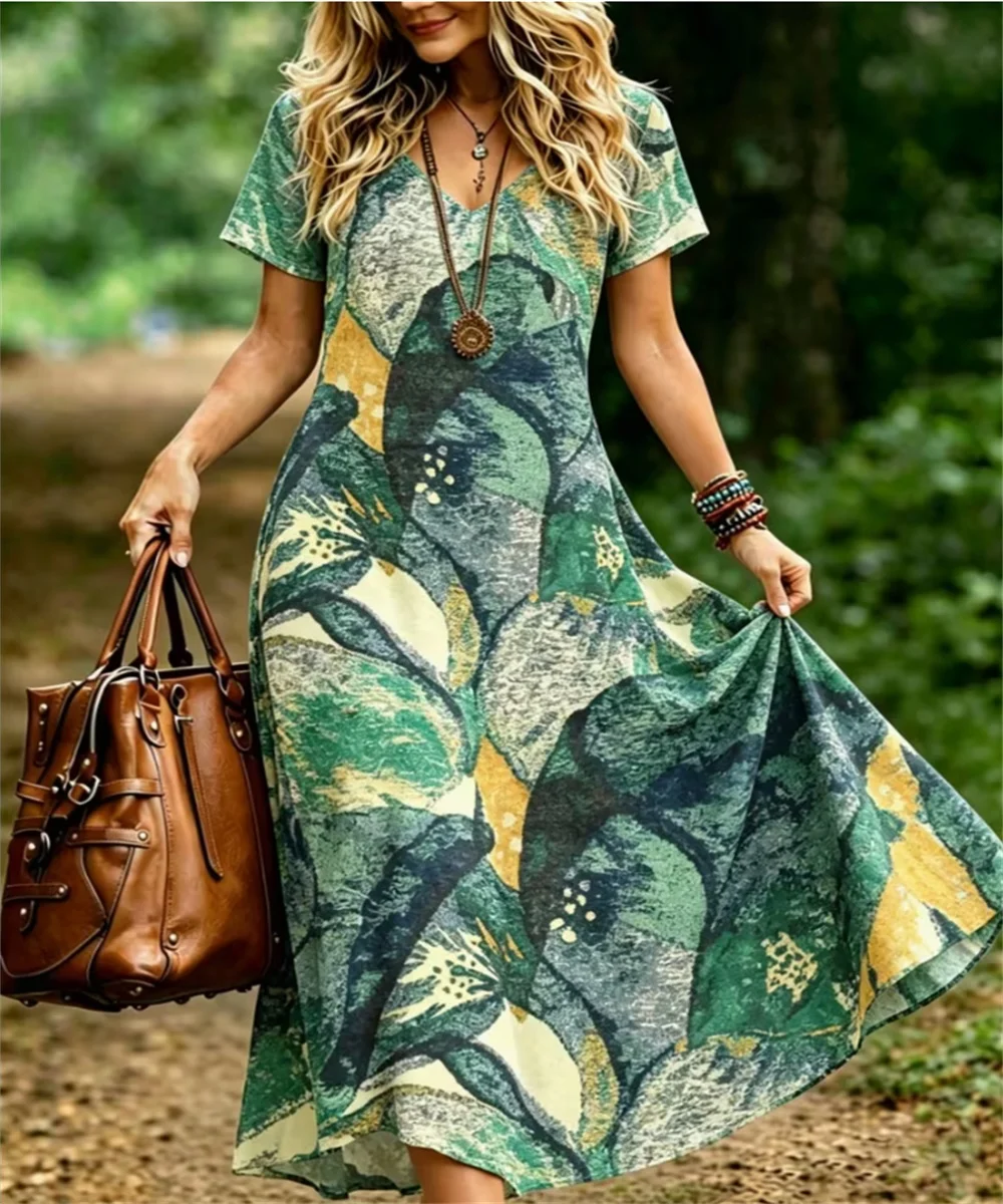 Women's summer new retro oil painting style plant flower print dress, women's V-neck short sleeved elegant casual long skirt
Women's summer new retro oil painting style plant flower print dress, women's V-neck short sleeved elegant casual long skirt