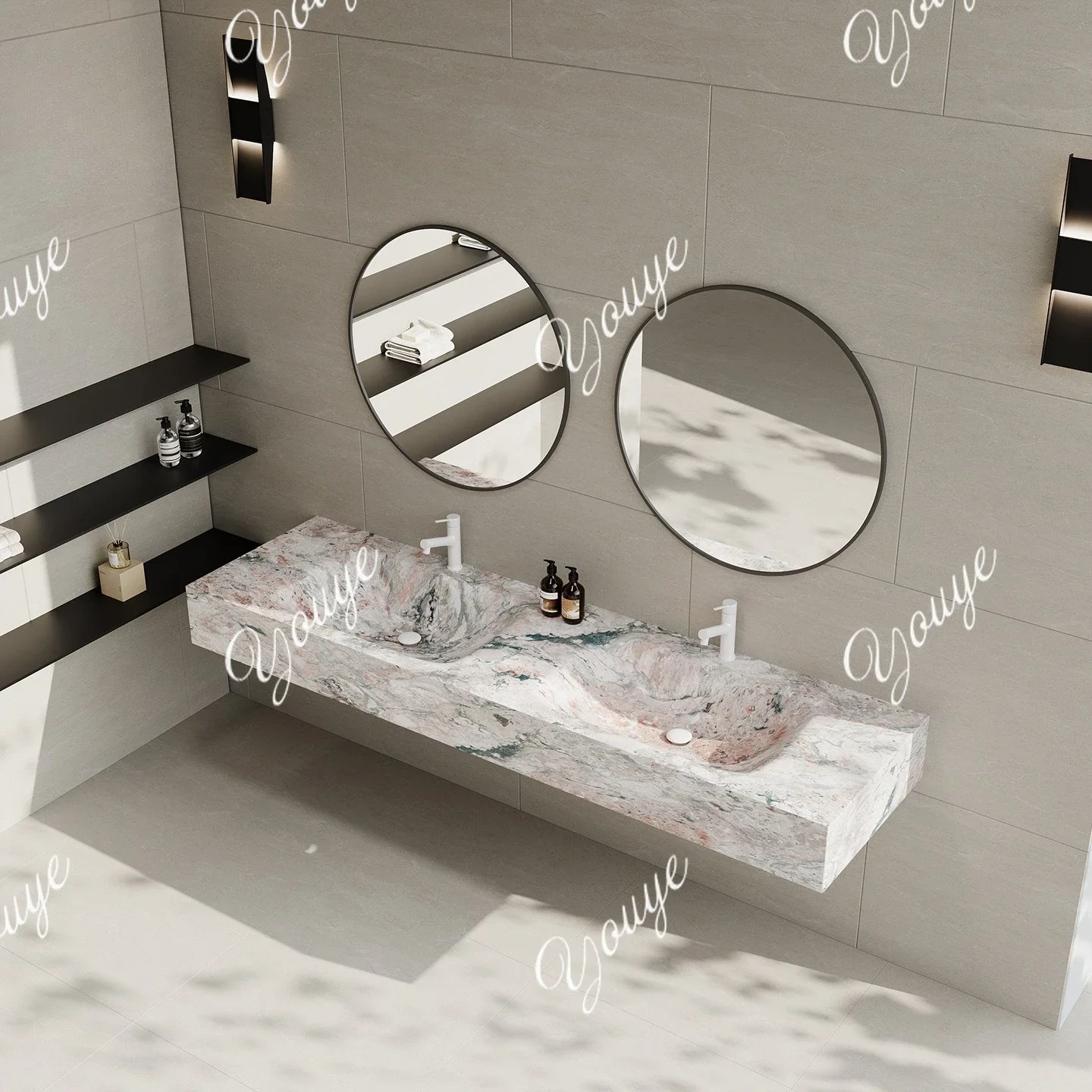 Iu Smoke Powder Rock Slab Hot Bending Integrated Double Basin Double Faucet Wall-mounted Washbasin Hotel Double Washbasin
Iu Smoke Powder Rock Slab Hot Bending Integrated Double Basin Double Faucet Wall-mounted Washbasin Hotel Double Washbasin