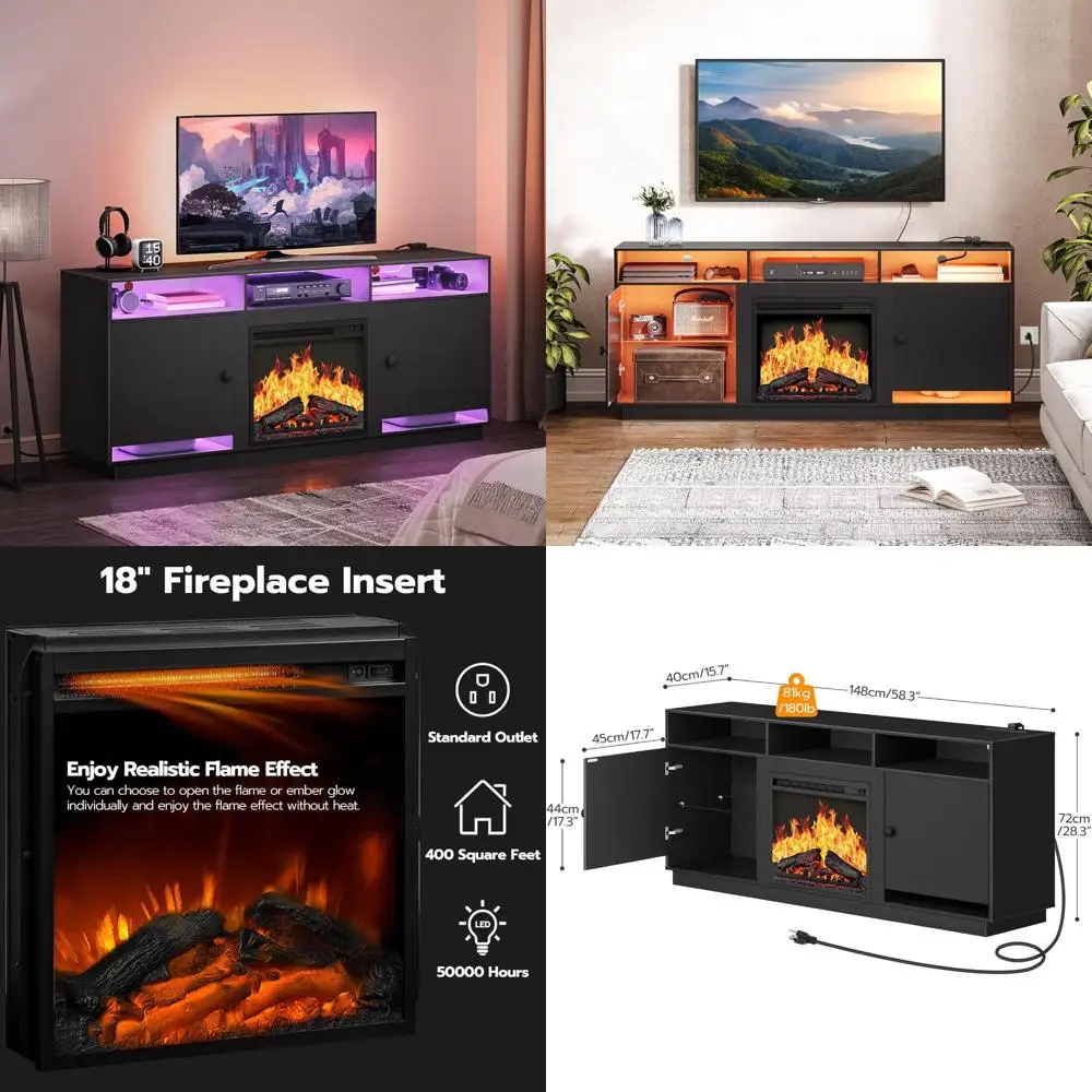 LED Lighted Electric Fireplace TV Stand with Charging Port, Black for 32-65 TVs
LED Lighted Electric Fireplace TV Stand with Charging Port, Black for 32-65 TVs