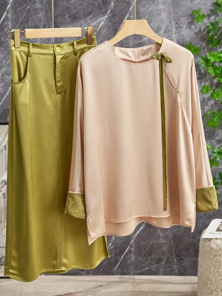 Elegant Knot Acetate Top And Midi Skirt Set New Chinese Style National Trend Long Sleeve round Neck Two-Piece Suit
Elegant Knot Acetate Top And Midi Skirt Set New Chinese Style National Trend Long Sleeve round Neck Two-Piece Suit