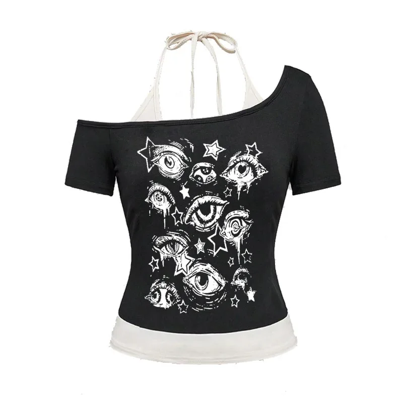 Women's black and white decorative short sleeved T-shirt fake two-piece lace up fashionable short clothing street style
Women's black and white decorative short sleeved T-shirt fake two-piece lace up fashionable short clothing street style
