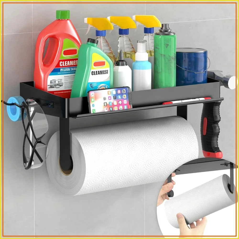 Wall Mount Paper Towel Holder with Phone Stand, Garage Paper Towel Rack with Shelf and 4 Hooks, Heavy Duty Stainless Steel, Black
Wall Mount Paper Towel Holder with Phone Stand, Garage Paper Towel Rack with Shelf and 4 Hooks, Heavy Duty Stainless Steel, Black