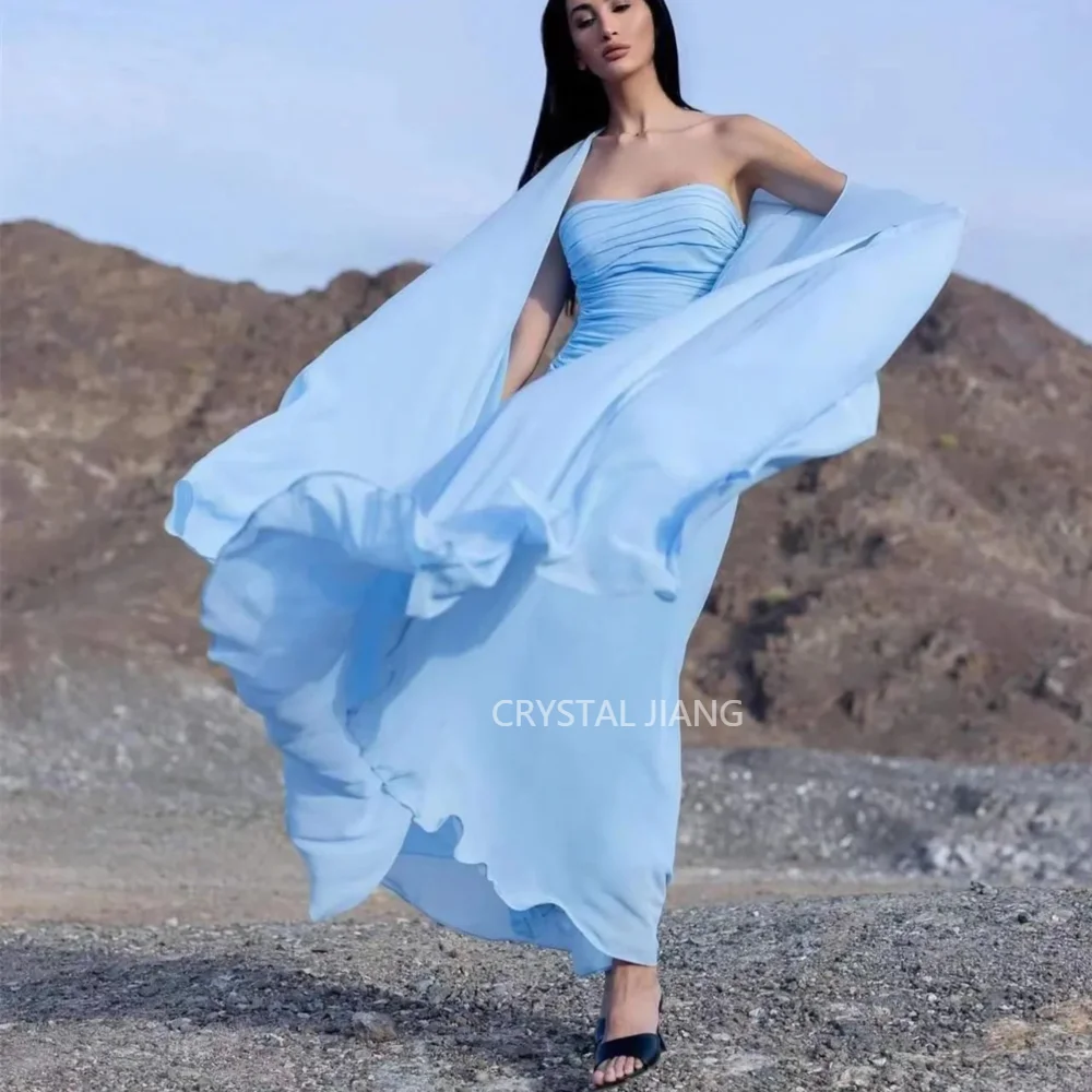 Class Long Light Blue Strapless Chiffon Evening Dresses Sleeveless with Cape Mermaid Ankle Lengthفساتين سهره for Women
Class Long Light Blue Strapless Chiffon Evening Dresses Sleeveless with Cape Mermaid Ankle Lengthفساتين سهره for Women