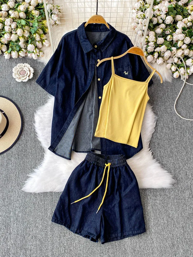 American Retro Sle Collar ort Sve Denim irt Top + Csole + High Waist Slimming orts Tee Piece Set
American Retro Sle Collar ort Sve Denim irt Top + Csole + High Waist Slimming orts Tee Piece Set