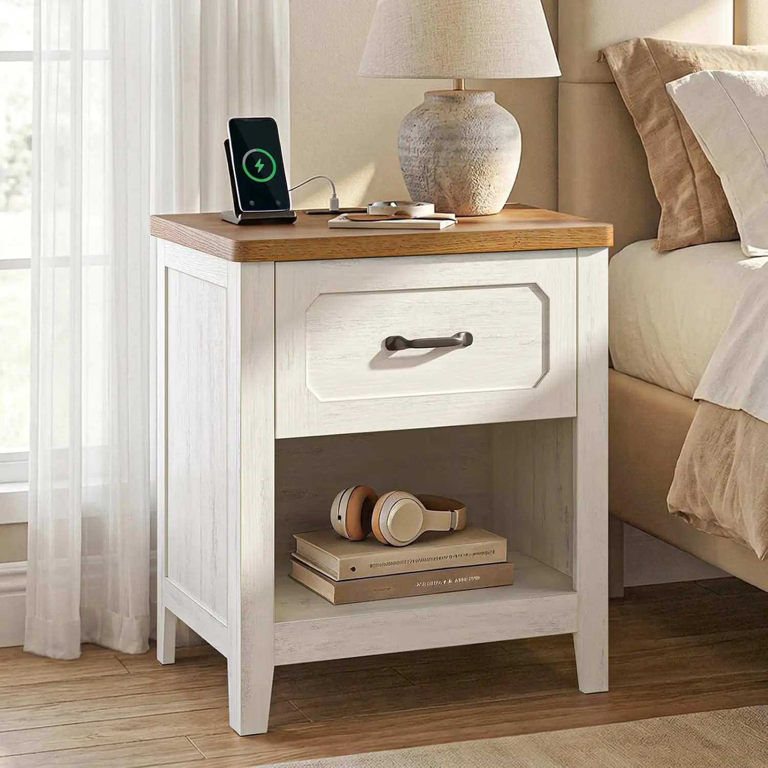 22" Rustic White Nightstand Charging Station Drawer Open Shelf Bedroom Storage, Customized
22" Rustic White Nightstand Charging Station Drawer Open Shelf Bedroom Storage, Customized