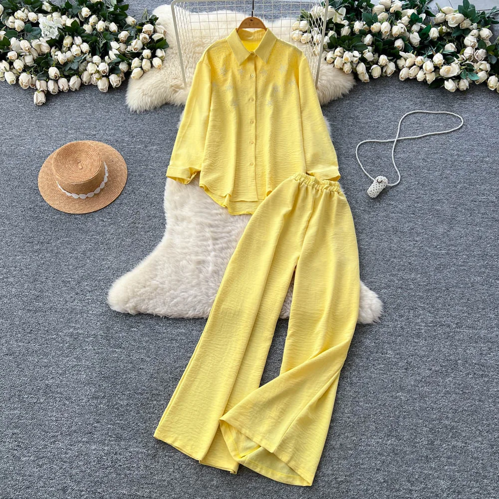 Two Piece Sets Pant Set Women Turn Down Collar Full Sleeve Shirt Tops Wide Leg Long Pants Solid Elastic Waist Y2k Streetwear
Two Piece Sets Pant Set Women Turn Down Collar Full Sleeve Shirt Tops Wide Leg Long Pants Solid Elastic Waist Y2k Streetwear