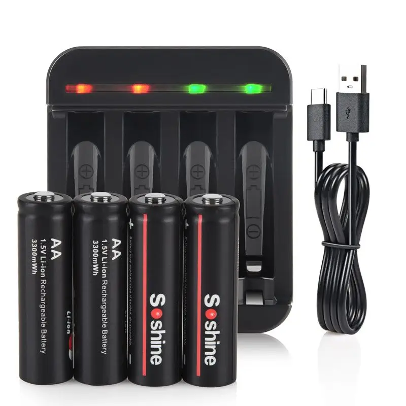 Soshine 1.5V AA 3300mwh Lithium Rechargeable Battery with Charger 1.5V 2A Lithium Li-ion Battery for Toys Remote Control Camera
Soshine 1.5V AA 3300mwh Lithium Rechargeable Battery with Charger 1.5V 2A Lithium Li-ion Battery for Toys Remote Control Camera