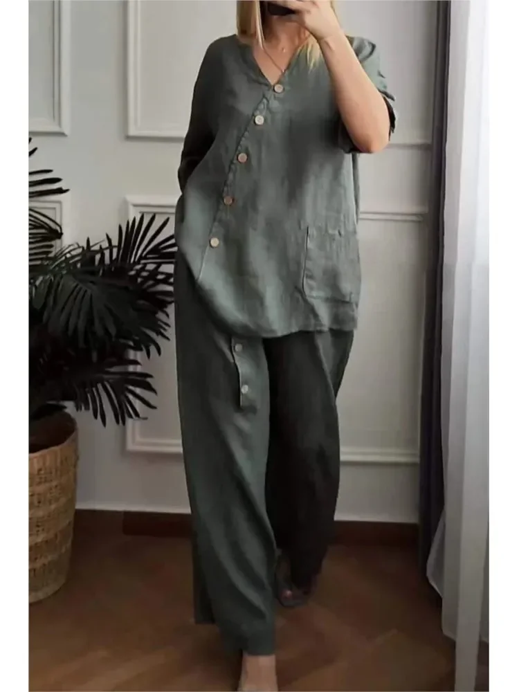 2024 Summer New Solid Color Cotton Hemp Set Seven Sleeve Fashion Button Top Wide Leg Pants Two Piece Set Women's Wear
2024 Summer New Solid Color Cotton Hemp Set Seven Sleeve Fashion Button Top Wide Leg Pants Two Piece Set Women's Wear