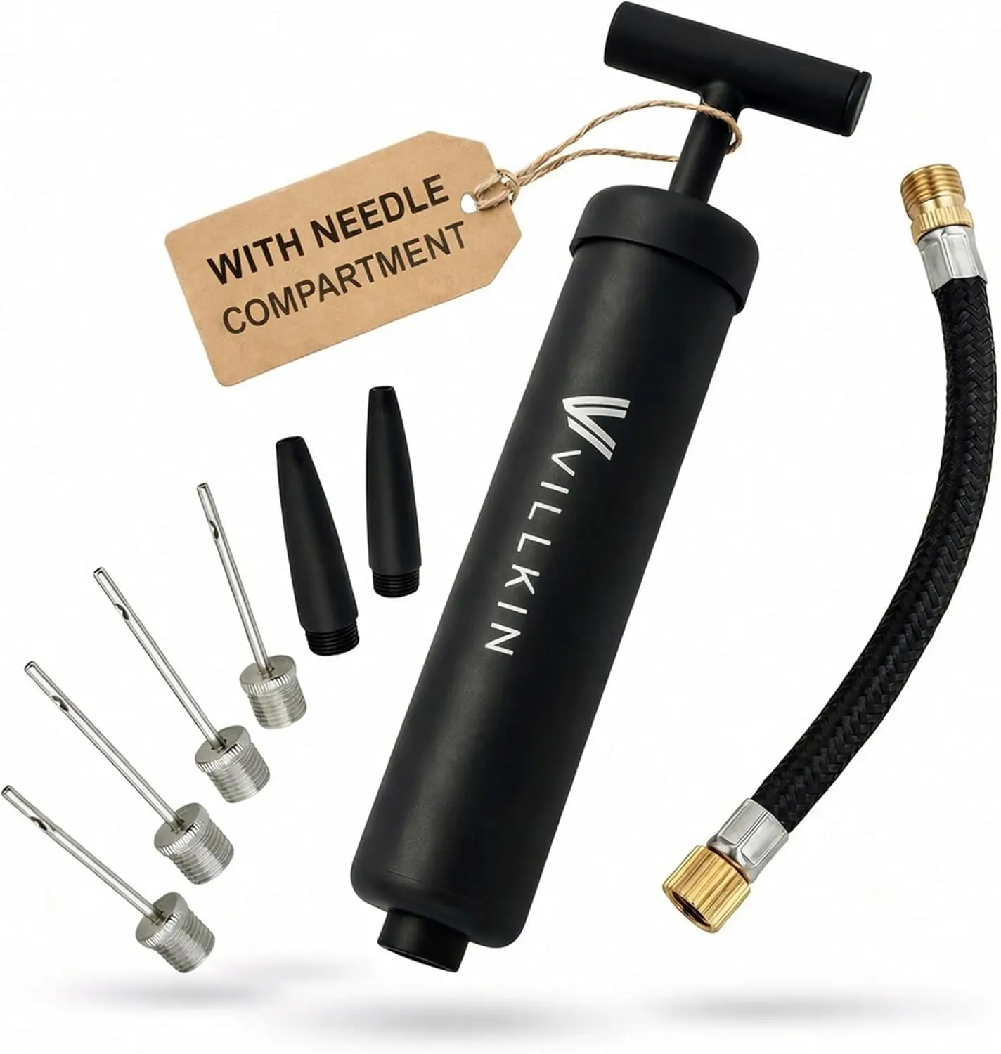 Ball Pump with Needle Storage in Handle - 4 Metal Needles, 2 Plastic Nozzles, Flexible Hose - for Soccer, Basketball, Volleyball, Handball - Black
Ball Pump with Needle Storage in Handle - 4 Metal Needles, 2 Plastic Nozzles, Flexible Hose - for Soccer, Basketball, Volleyball, Handball - Black