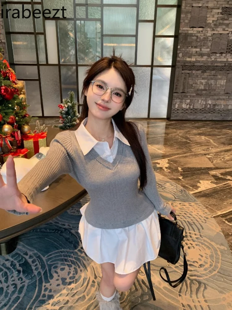 Fake Two-piece Spliced Knitted Polo Collar Dress Women's Spring Waist Slimming Pleated Skirt College Style Short Vestidos
Fake Two-piece Spliced Knitted Polo Collar Dress Women's Spring Waist Slimming Pleated Skirt College Style Short Vestidos