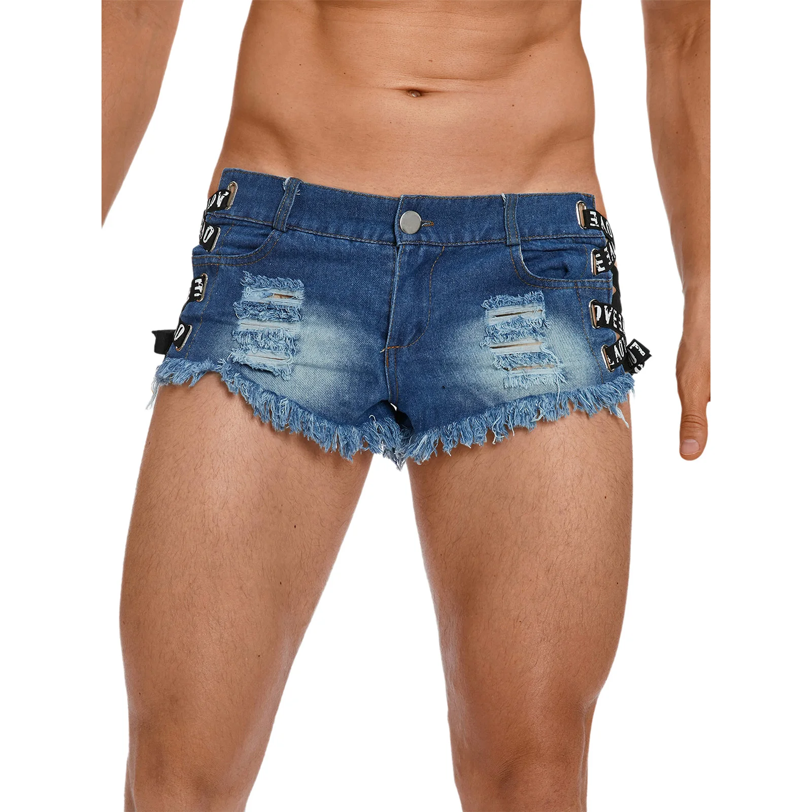 Men's Low Waist Denim Shorts Letters Ribbons Trim Criss-cross Hollow-out Ultrashort Jeans Button Mini Hot Pants Beach Clubwear
Men's Low Waist Denim Shorts Letters Ribbons Trim Criss-cross Hollow-out Ultrashort Jeans Button Mini Hot Pants Beach Clubwear