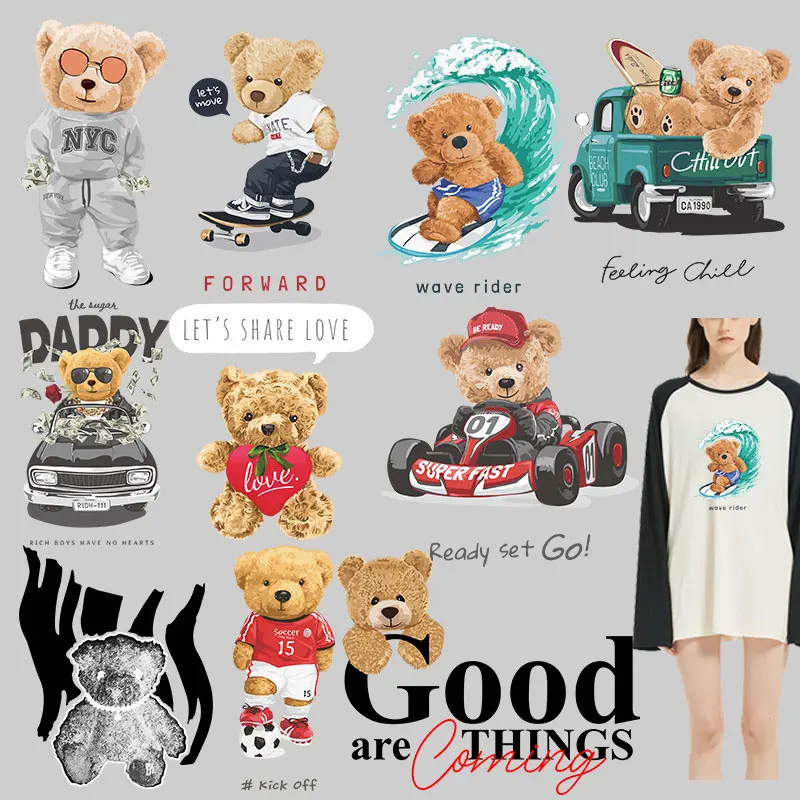 Cartoon animal racing surfing love football bear alphabet pattern Heat Transfer for Clothing Printed Washable fusible patch
Cartoon animal racing surfing love football bear alphabet pattern Heat Transfer for Clothing Printed Washable fusible patch