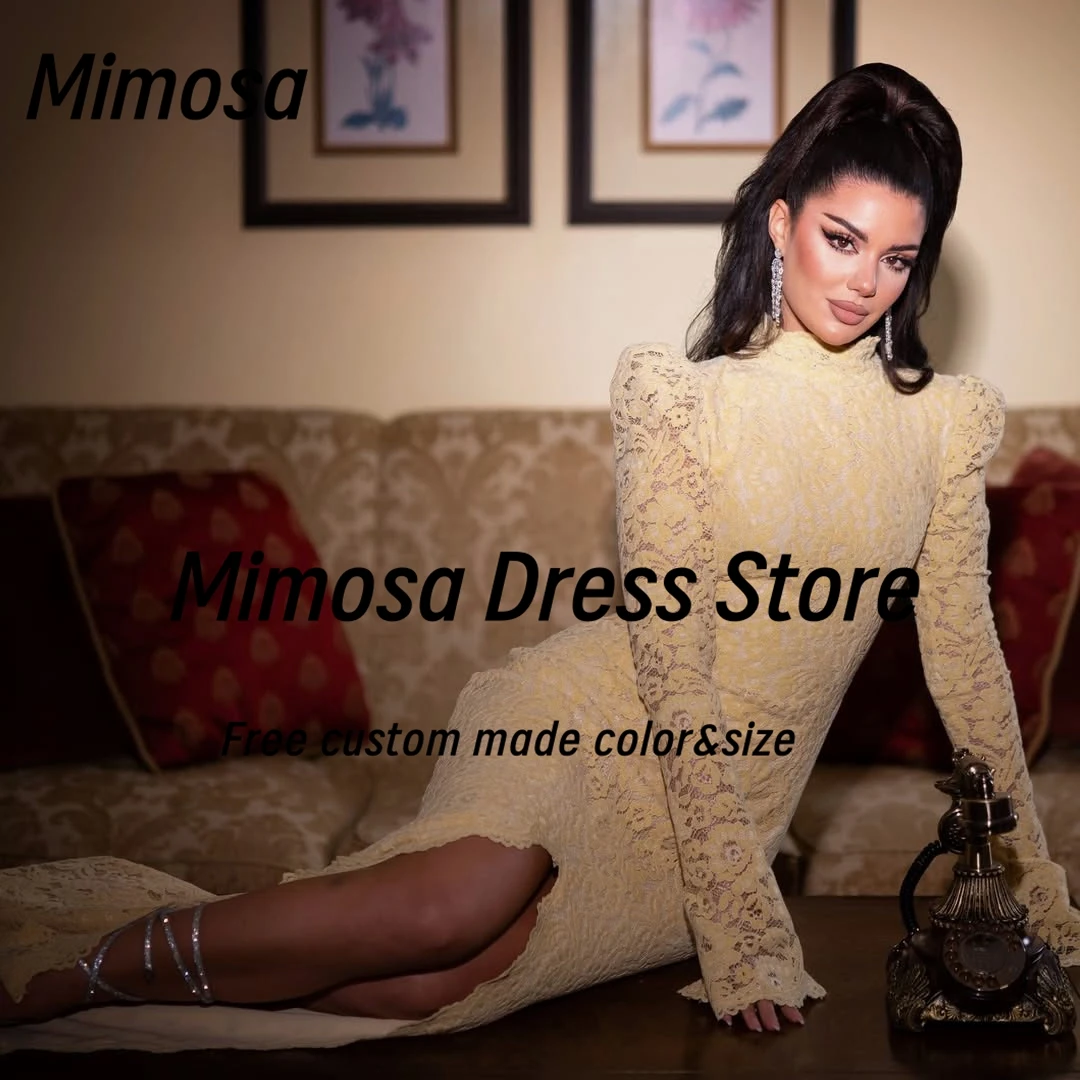 Mimosa High Collar Prom Dresses Lace Long Sleeves Evening Gowns Sexy Back Front Slit Birthday Party Dress Customized
Mimosa High Collar Prom Dresses Lace Long Sleeves Evening Gowns Sexy Back Front Slit Birthday Party Dress Customized