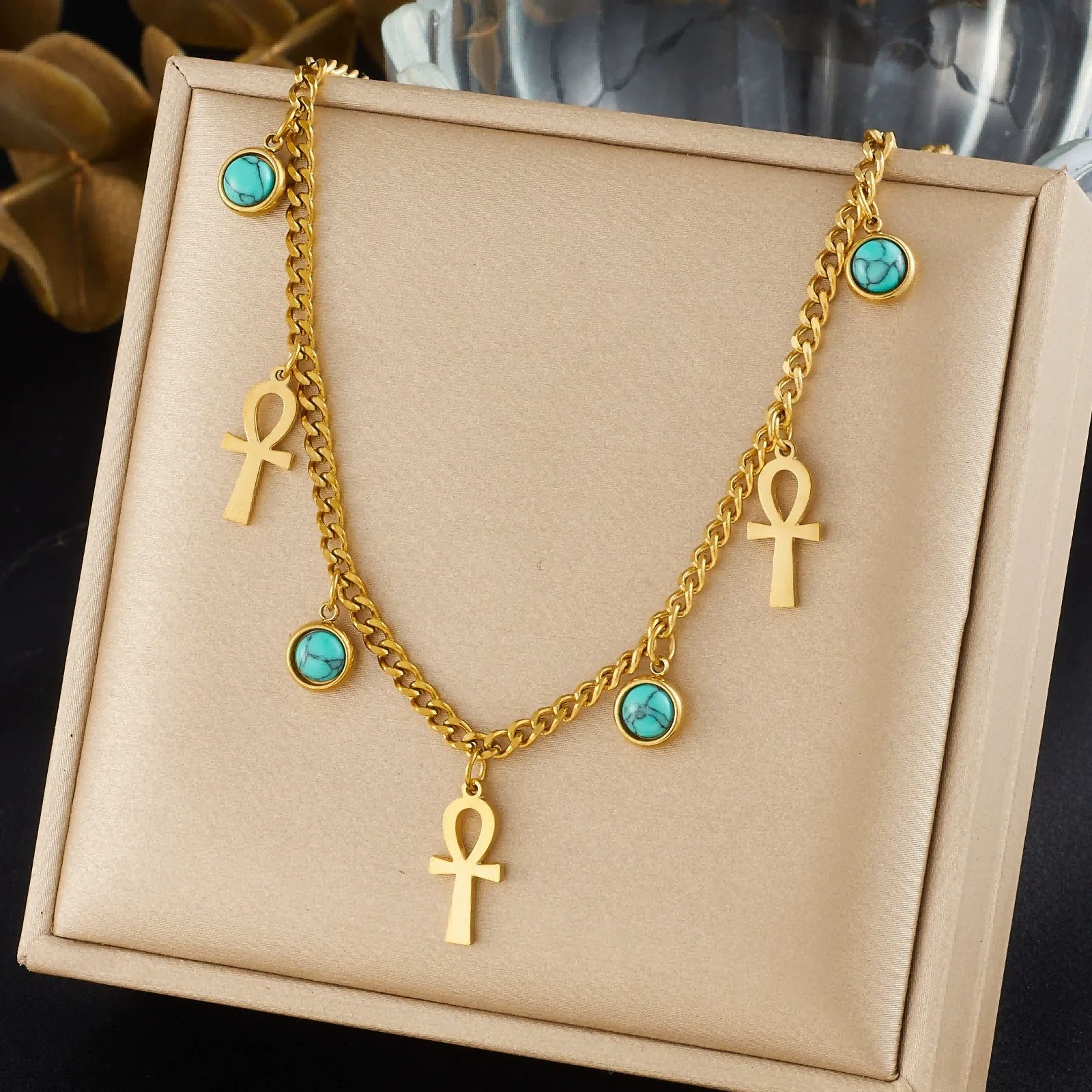 18K Gold Ankh Cross Turquoise Charm Necklace 316L Stainless Steel Curb Chain Egyptian Symbol Women Bohemian Jewelry
18K Gold Ankh Cross Turquoise Charm Necklace 316L Stainless Steel Curb Chain Egyptian Symbol Women Bohemian Jewelry