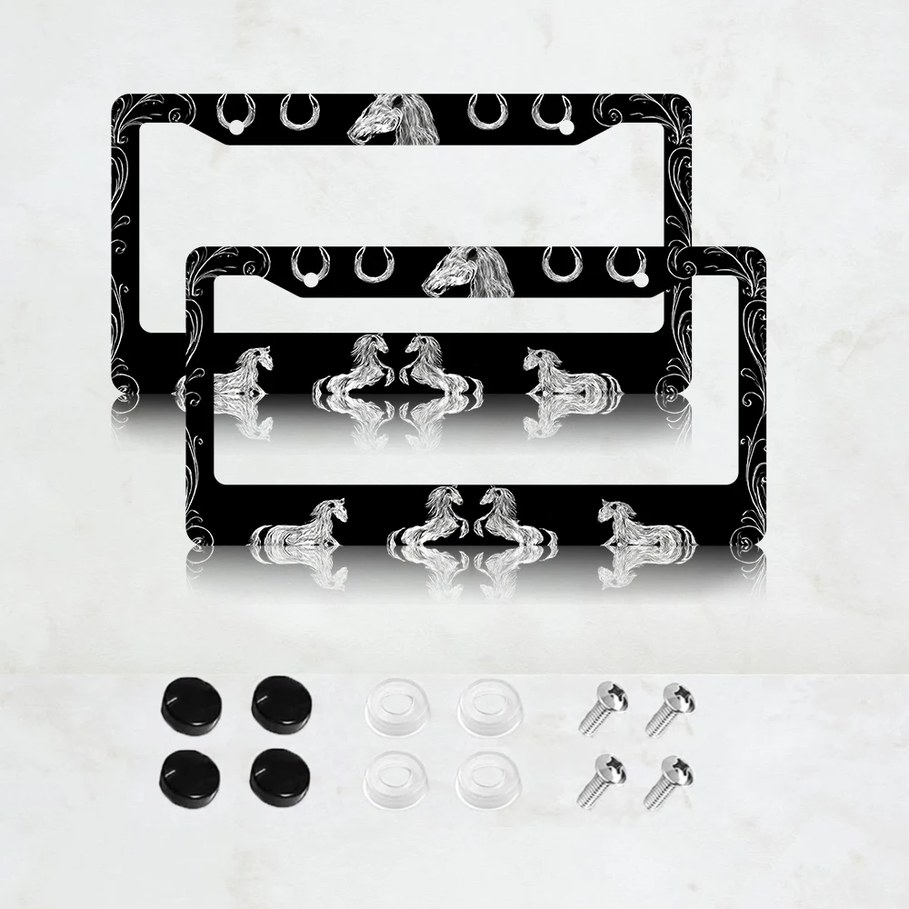 2PC 2-Hole License Plate Frame, Black with Horse and Horseshoe Design, Aluminum, 6x12 Inches, with Screws
2PC 2-Hole License Plate Frame, Black with Horse and Horseshoe Design, Aluminum, 6x12 Inches, with Screws
