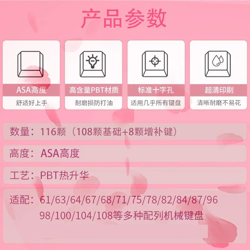 Gradient Pink Cherry Blossom PBT Sublimation Transparent Translucent Crystal Personalized Mechanical Keyboard Keycaps
