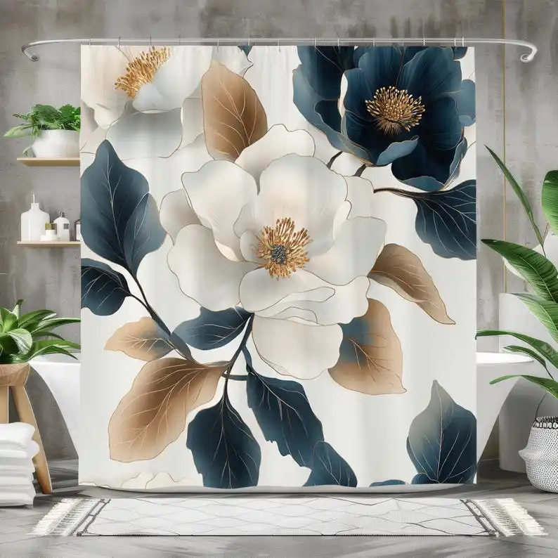 Modern Botanical Shower Curtain | Waterproof Fabric Bath Curtain | Floral Bathroom Decor | Navy, Cream, Gold, Beige
Modern Botanical Shower Curtain | Waterproof Fabric Bath Curtain | Floral Bathroom Decor | Navy, Cream, Gold, Beige