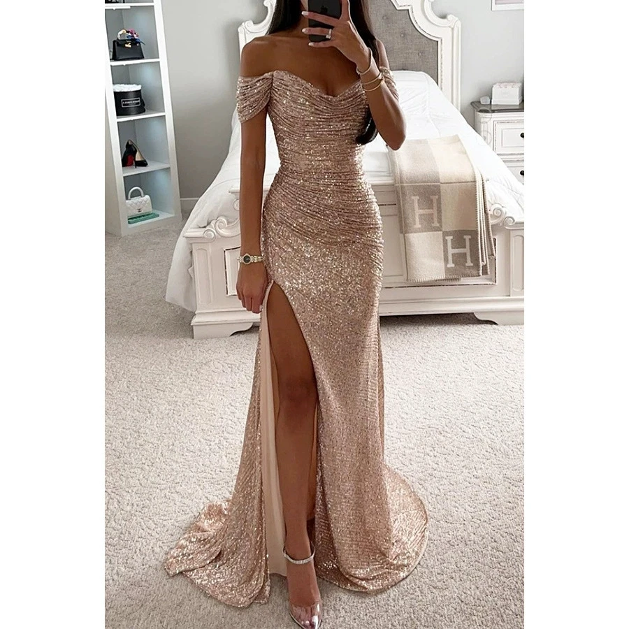 Sexy Female Off-shoulder Prom Dress Fashionable Elegant Sequin Solid Party Ladies Ladies Wrap Split Sequin Sequin Formal Dress
Sexy Female Off-shoulder Prom Dress Fashionable Elegant Sequin Solid Party Ladies Ladies Wrap Split Sequin Sequin Formal Dress