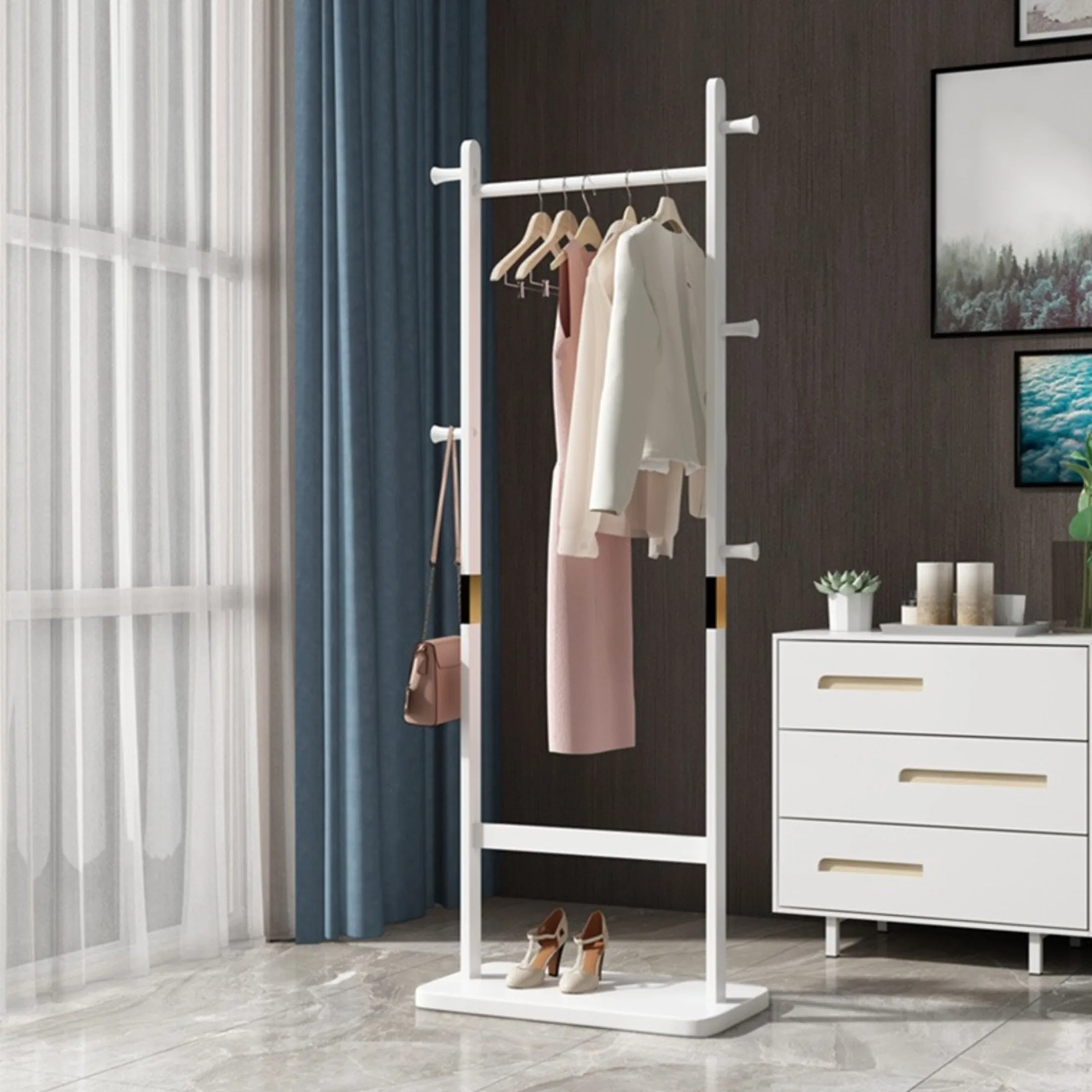 Solid rubber wood coat rack freestanding garment hanger space-saving entryway stand in white
Solid rubber wood coat rack freestanding garment hanger space-saving entryway stand in white