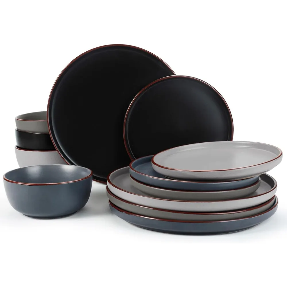 12-Piece Stoneware Dinnerware Set by Famiware: Mercury Plates and Bowls for 4, Microwave & Dishwasher Safe 
12-Piece Stoneware Dinnerware Set by Famiware: Mercury Plates and Bowls for 4, Microwave & Dishwasher Safe