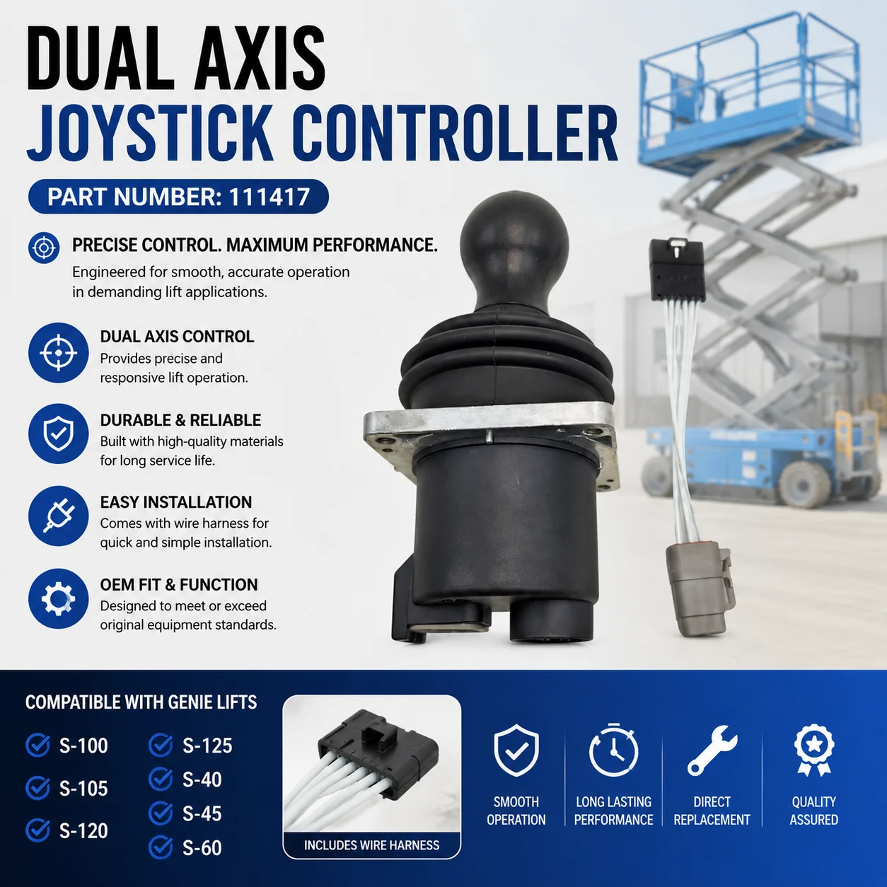 Dual Axis Joystick w/ Wire Harness Scissor Lift Controller 111417 Compatible with Genie Lift S-100 S-105 S-120 S-125 S-40 S-45
Dual Axis Joystick w/ Wire Harness Scissor Lift Controller 111417 Compatible with Genie Lift S-100 S-105 S-120 S-125 S-40 S-45