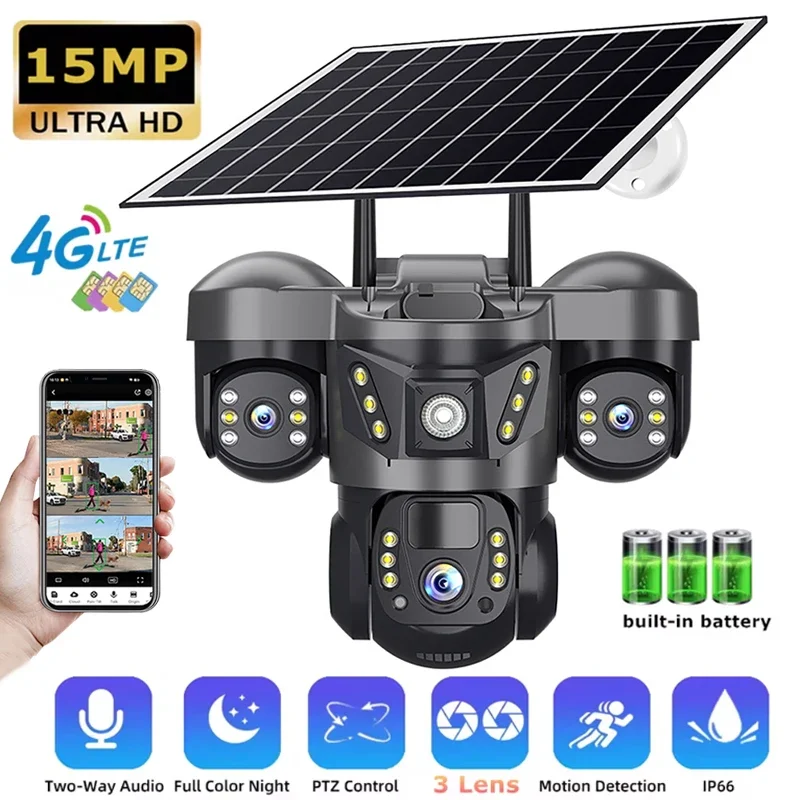 15MP Tri-lens Solar Camera 4G SIM Card Wireless CCTV AI Human Detection IP Cameras Outdoor Security Protection 4G Network Camera
15MP Tri-lens Solar Camera 4G SIM Card Wireless CCTV AI Human Detection IP Cameras Outdoor Security Protection 4G Network Camera