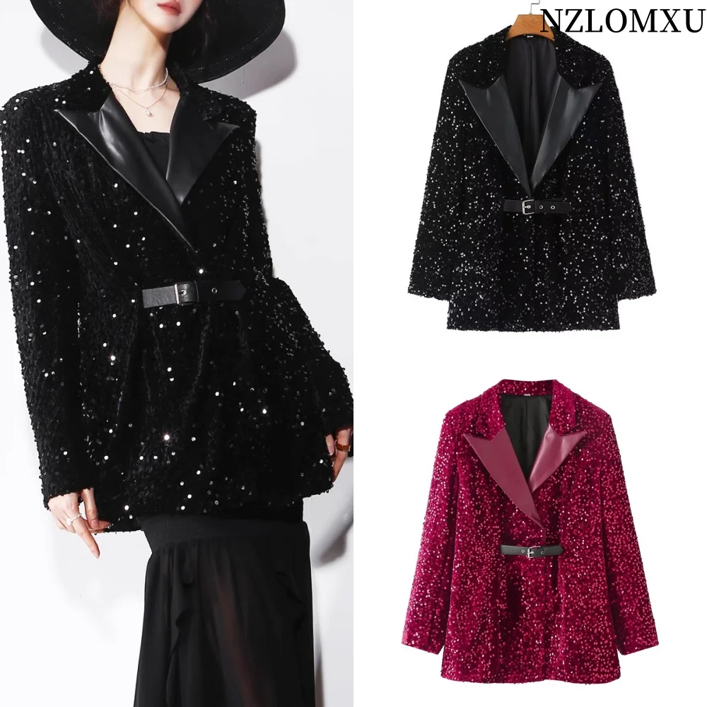 2025 Autumn New Fashion Women Shiny Double-breasted Sequins Suit Jacket Female Coat Black Slim Fit Blazers with Belt
2025 Autumn New Fashion Women Shiny Double-breasted Sequins Suit Jacket Female Coat Black Slim Fit Blazers with Belt