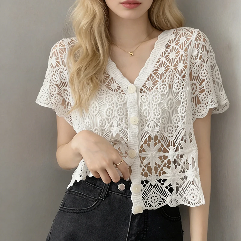 Button Up Crochet Top Short Sleeve V-Neck Open Stitch Embroidered Lace Blouse Women Spring Summer 2026 Boho Beach Cover-up
Button Up Crochet Top Short Sleeve V-Neck Open Stitch Embroidered Lace Blouse Women Spring Summer 2026 Boho Beach Cover-up