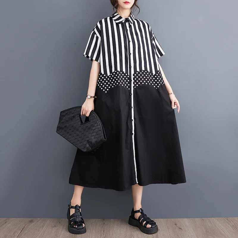 Wavy Cut Stitch Design Black Dot Stripe A-Line Half Sleeves Button Up Midi Shirt Dress
Wavy Cut Stitch Design Black Dot Stripe A-Line Half Sleeves Button Up Midi Shirt Dress
