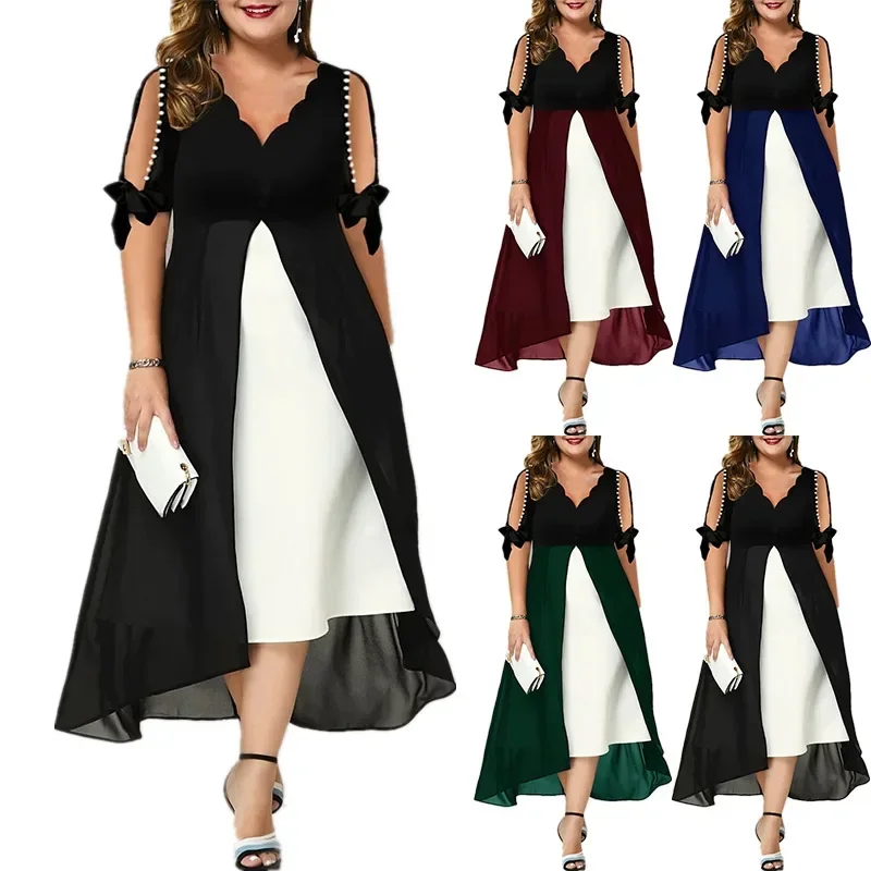 2025 spring and summer large size women's V-neck stitching fake two pieces of irregular mid-sleeve dress
2025 spring and summer large size women's V-neck stitching fake two pieces of irregular mid-sleeve dress