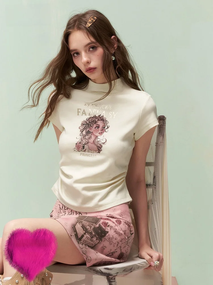 Sweet Style Short Sleeve T-Shirt Women's Slim Fit High Collar Print Top Early Spring Fashion Elastic Fiber Cotton Blend
Sweet Style Short Sleeve T-Shirt Women's Slim Fit High Collar Print Top Early Spring Fashion Elastic Fiber Cotton Blend